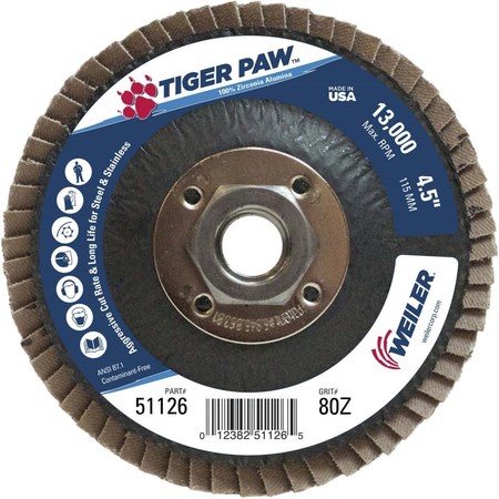 WEILER 4-1/2" Tiger Paw Abrasive Flap Disc, Conical (TY29), 80Z, 5/8"-11 UNC 51126